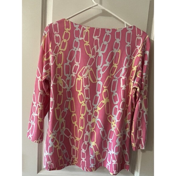 J McLaughlin Size Large Pink Chain link Print 3/4 Sleeve Top Nautical Preppy - Picture 4 of 9